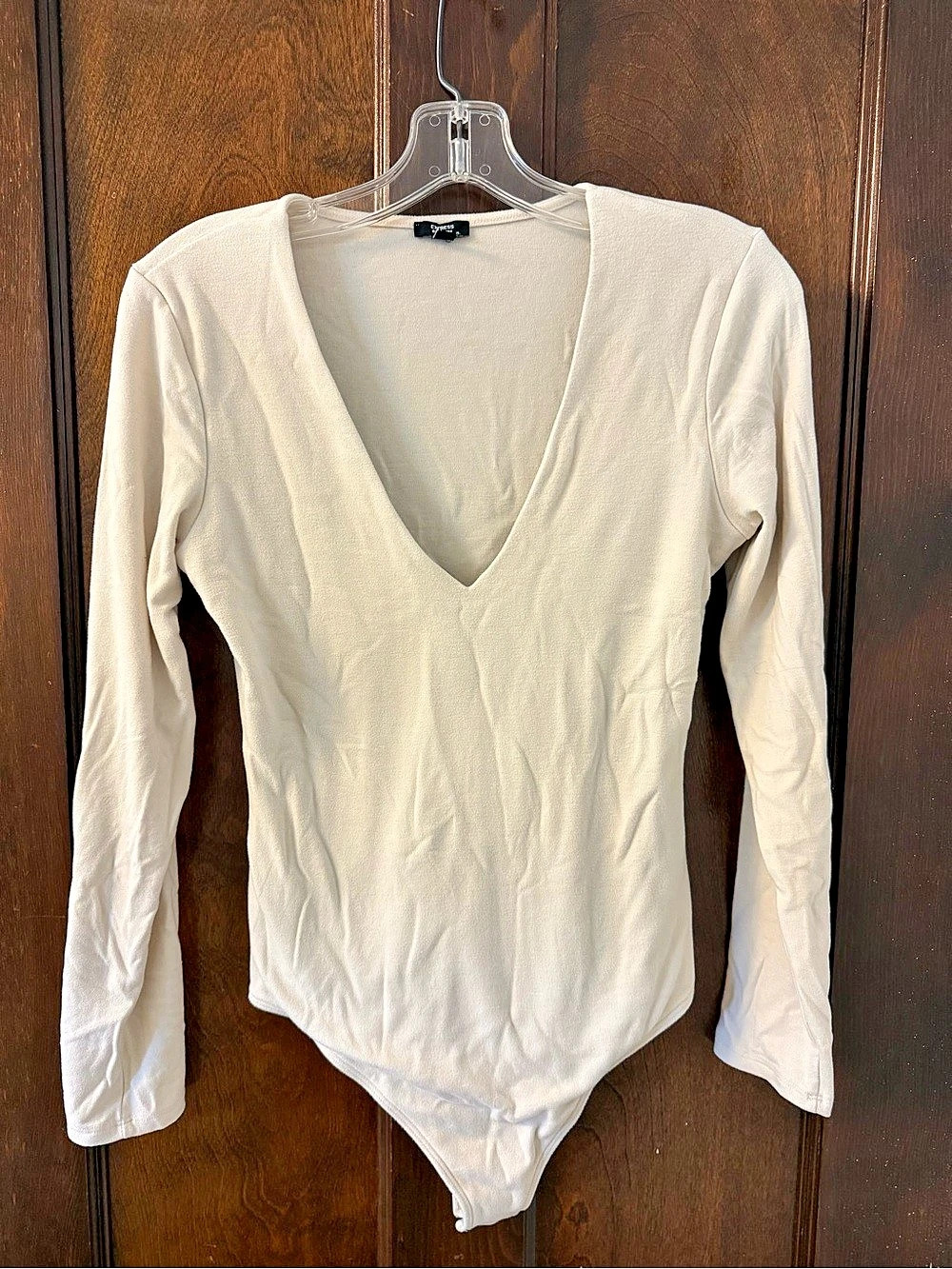 Express Body Contour Deep V-Neck Long Sleeve Bodysuit Cream Medium